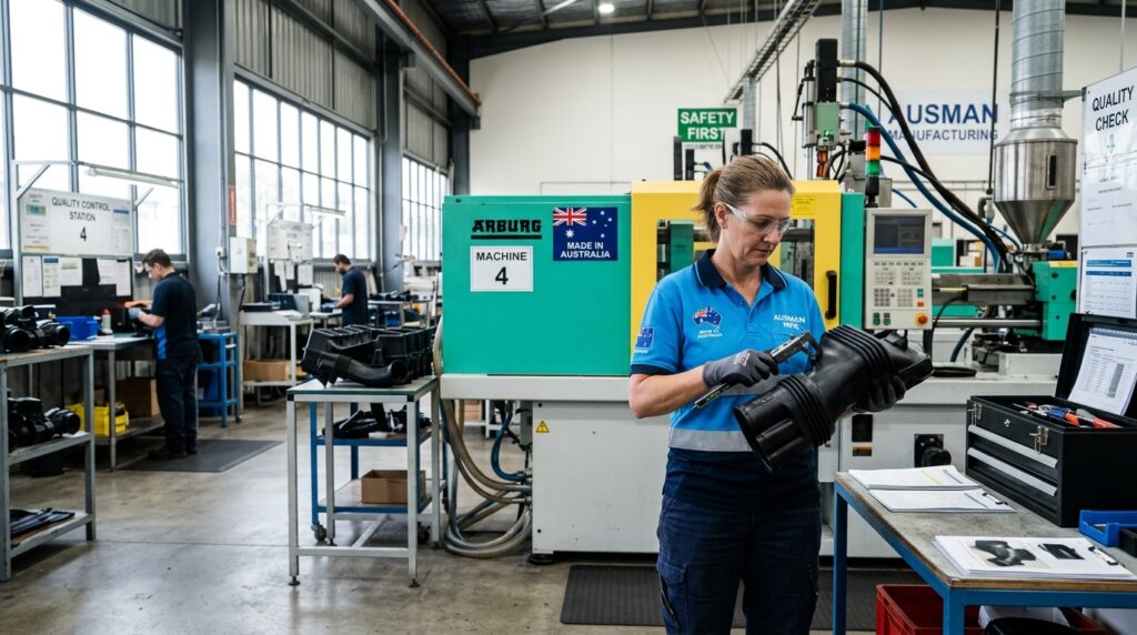 Australian manufacturing floor with an engineer inspecting a freshly moulded plastic part, natural daylight through factory windows