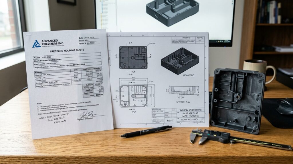 quotation document and CAD drawing side by side on a desk next to a sample injection-moulded plastic part